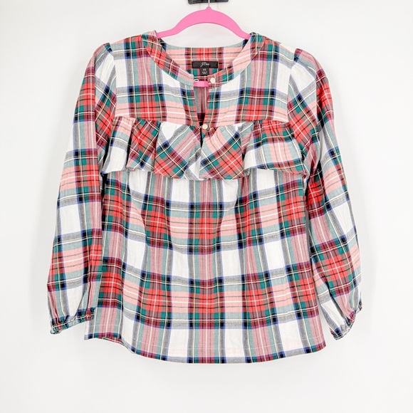 J. Crew Ruffled Bib Collar Blouse Red Green - Picture 1 of 3